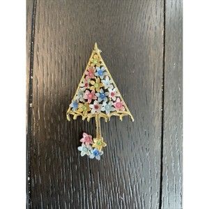 Lisner Gold-Tone Rhinestone Pink White Blue Enamel Flowers Umbrella Brooch